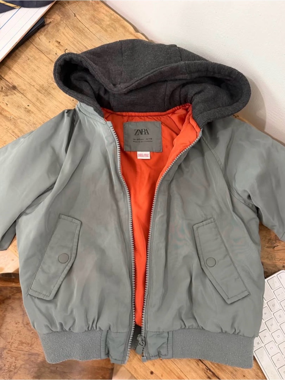 Zara Kids Sage Green Puffer Jacket with Orange Lining